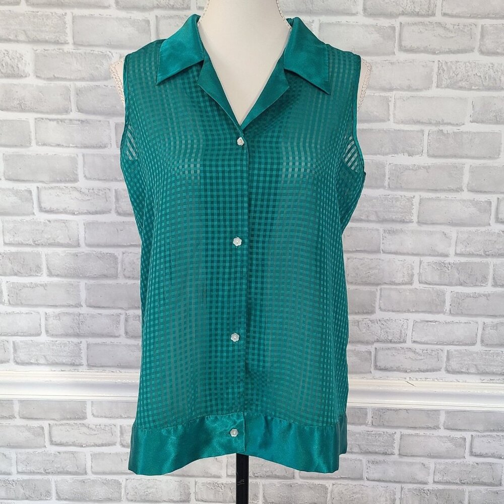 Vintage Victoria's Secret Label Green Satin Top Gingham Print Small